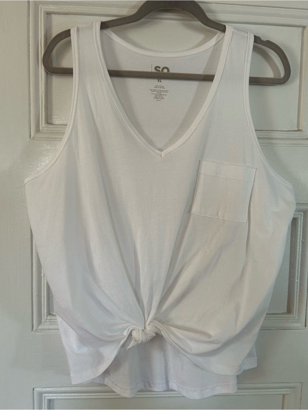 SO White V-Neck Tank Top with Front Knot
